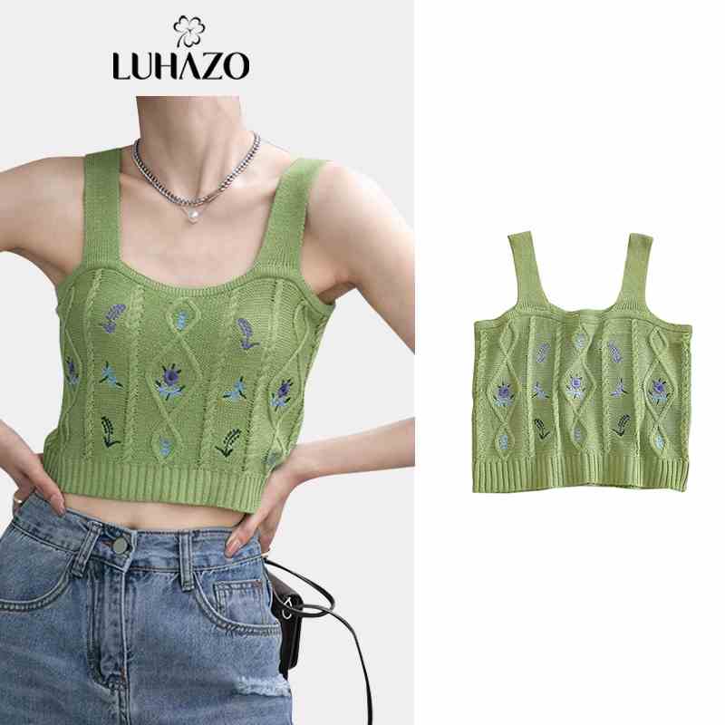 Áo 2 dây bản to LUHAZO croptop sexy kiểu Hàn Quốc phong cách Ulzzang nhiều màu ôm body thêu hoa Siêu Hot DK8T302