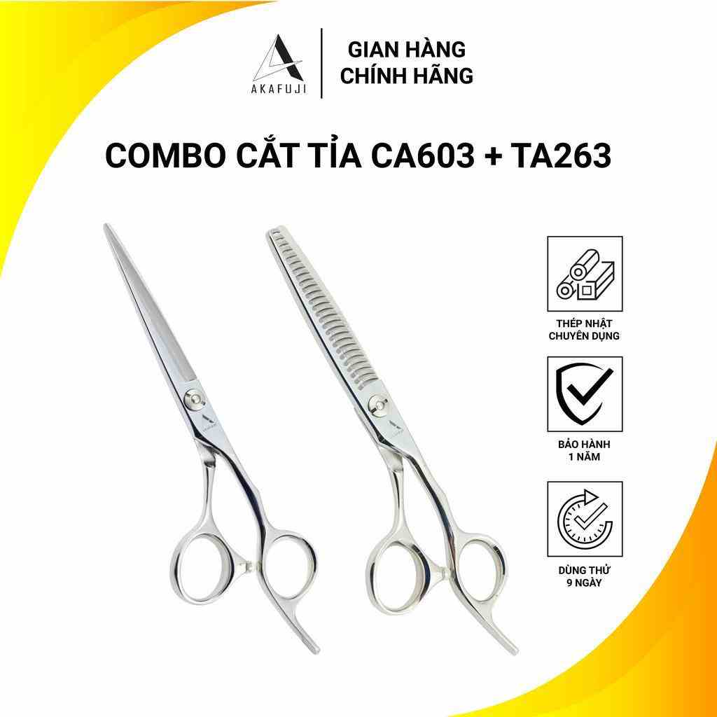 Combo 2 kéo cắt tỉa AKAFUJI, kéo cắt lưỡi thẳng size 6.0 CA-603, Kéo tỉa chuôi offset TA323