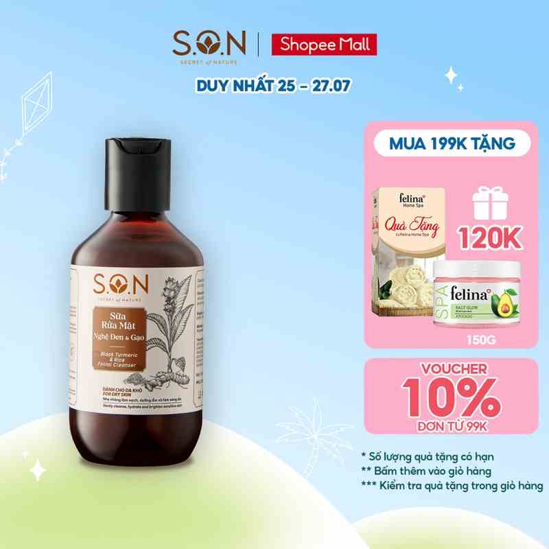 Sữa rửa mặt nghệ đen & gạo S.O.N dành cho da khô 100ml