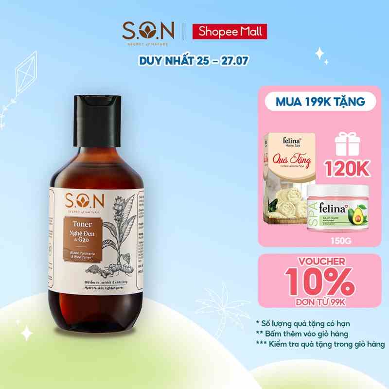 Toner nghệ đen & gạo S.O.N Dưỡng ẩm, se khít lỗ chân lông 100ml