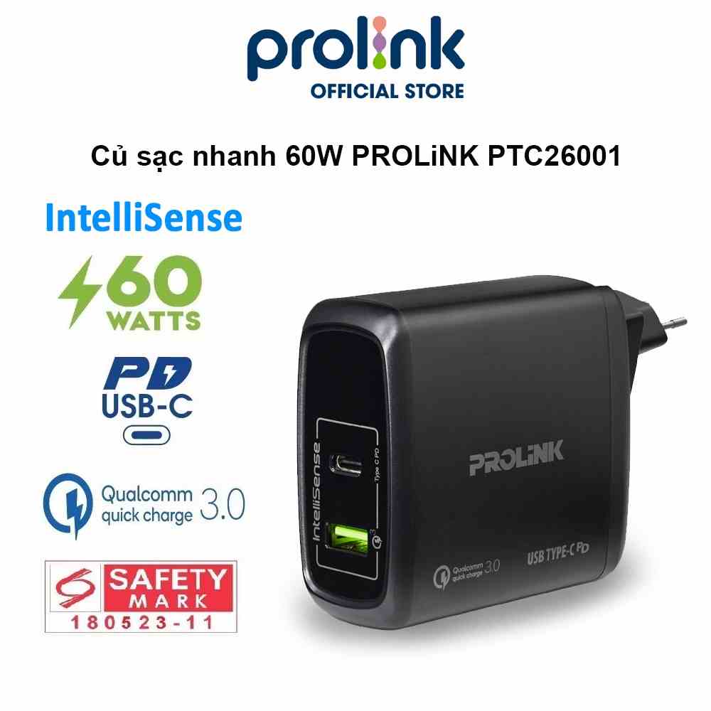 Củ sạc nhanh 60W PROLiNK PTC26001, 2 cổng USB-A QC 3.0 & USB-C PD 3.0, IntelliSense, dùng cho điện thoại, iPad, Laptop