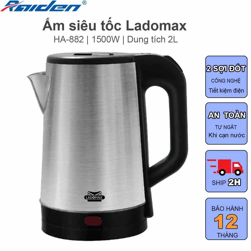 Ấm đun siêu tốc 2L Ladomax HA-882 lòng ấm bằng inox không gỉ, thiết kế mâm nhiệt 2 sợi đốt, tự ngắt điện khi cạn nước