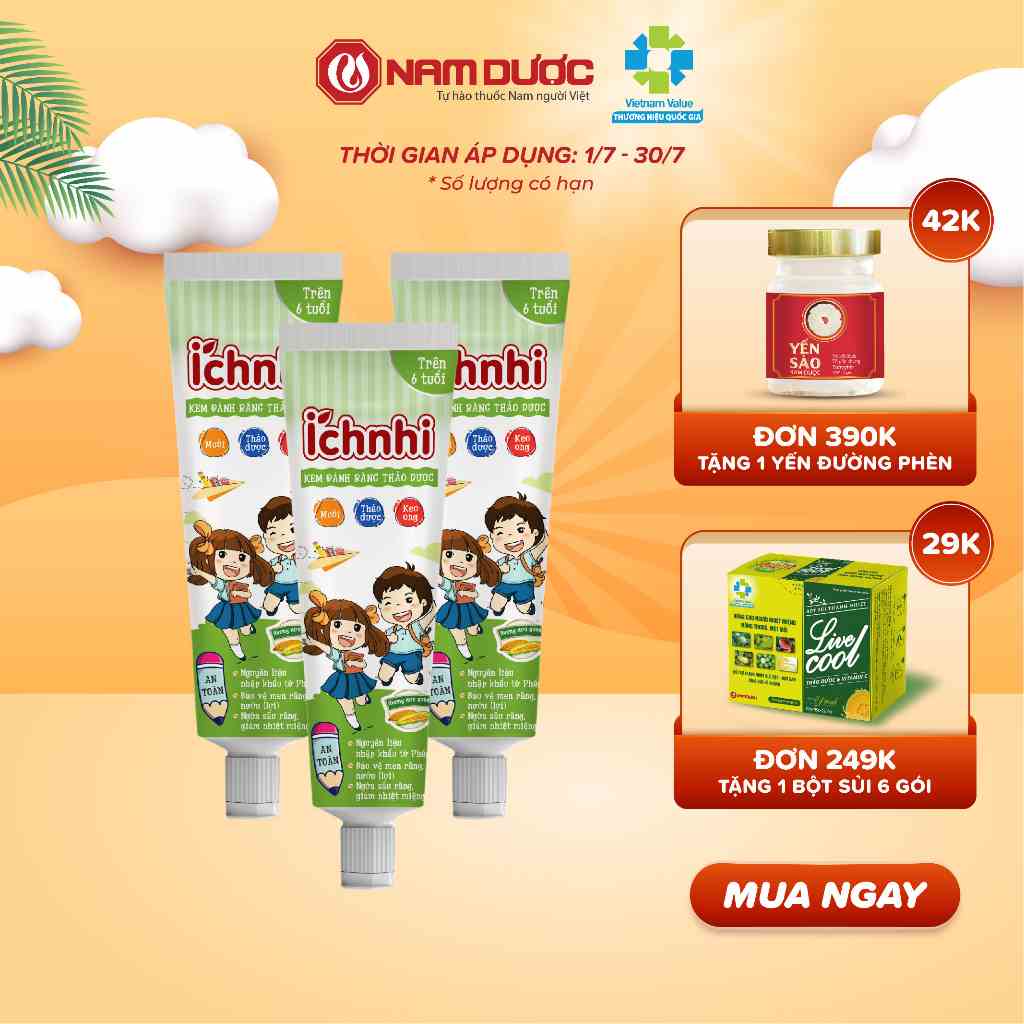 [ Combo 3 tuýp ] Kem đánh răng trẻ em thảo dược Ích Nhi dưa gang tuýp 75g cho bé trên 6 tuổi, chăm sóc răng miệng cho bé