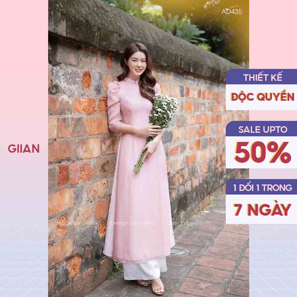 Áo dài cách tân tay bồng 4 tà phối họa tiết bèo vai đính ngọc chính hãng Giian - GAD435