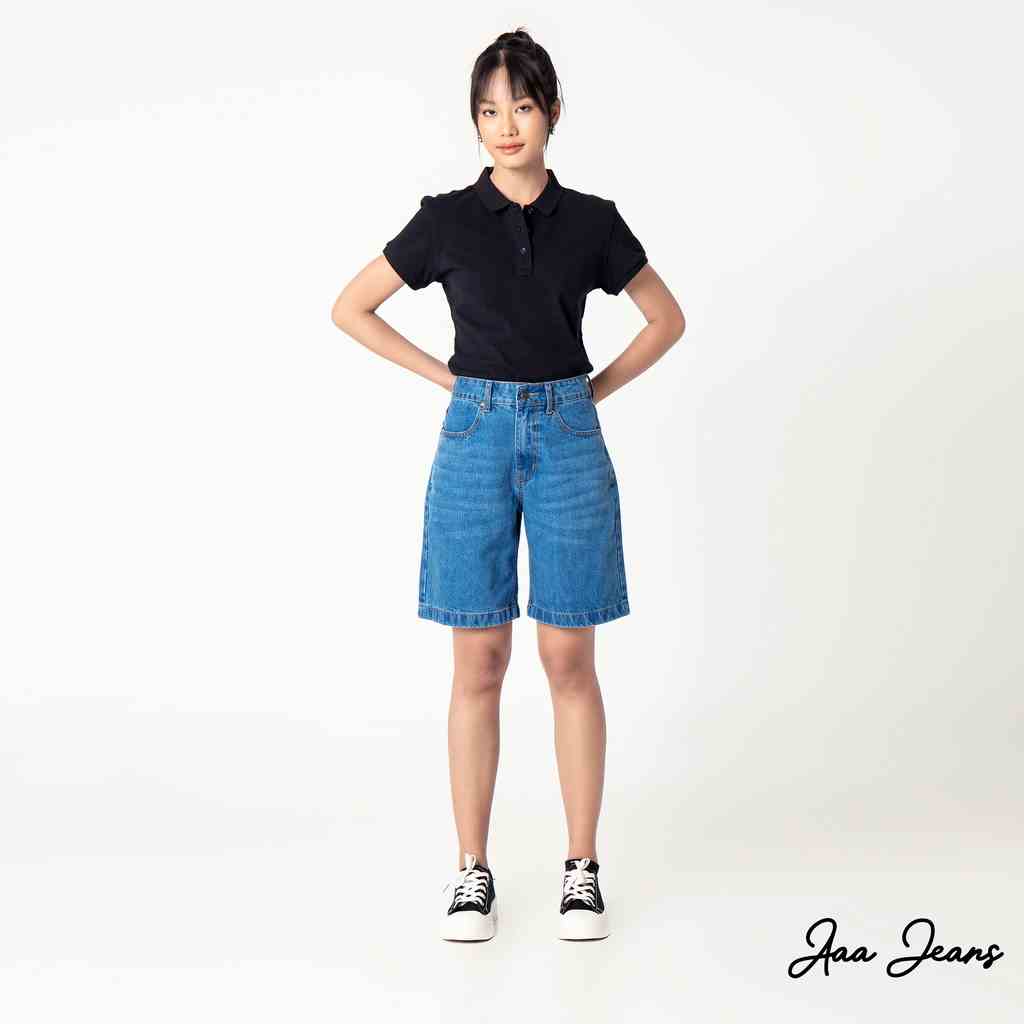 Quần short jean nữ lưng cao ngang gối Aaa Jeans Medium Blue