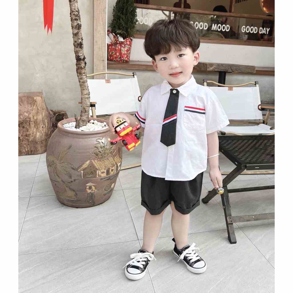 Set bộ sơ mi Beemo cộc tay phối kẻ ba màu kèm cà vạt thấm hút mồ hôi mặc đi học, đi chơi cho bé từ 1 đến 7 tuổi - 23372B