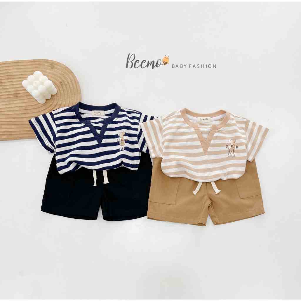 Bộ quần áo kẻ viền cổ cho bé trai Beemo,Chất liệu cotton co giãn, mềm mịn, bé mặc cực thấm hút mồ hôi B286