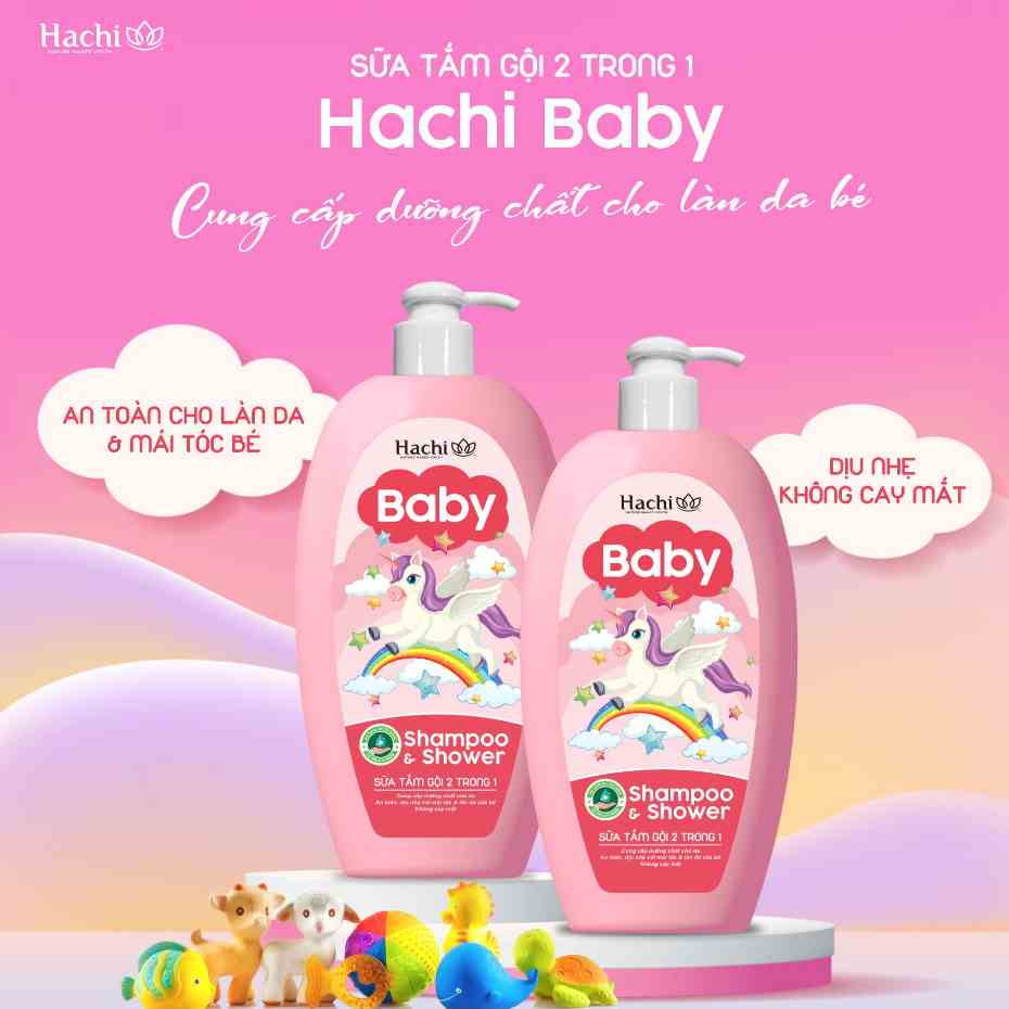 Sữa tắm gội 2 trong1 HACHI Baby Shampoo & shower cung cấp dưỡng chất cho da an toàn dụi nhẹ với tóc và da bé -Chai Hồng