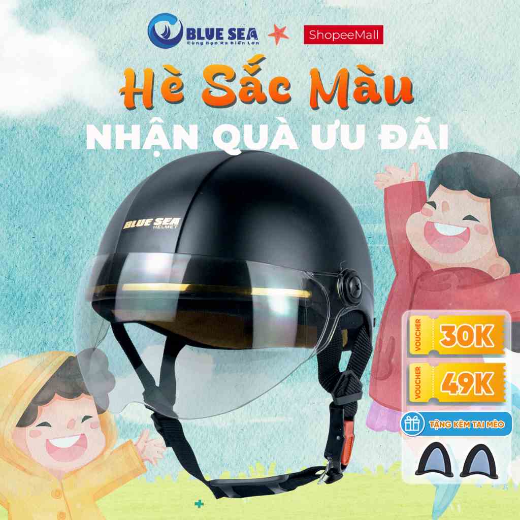 Mũ bảo hiểm 1/2 Nửa đầu BLUE SEA - A104K - Màu Đen - FREESIZE - Có kính cao cấp - Chính hãng