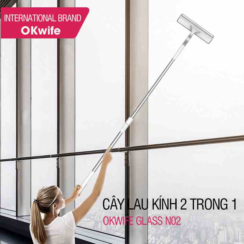 Cây lau kính OKwife Glass N02 chổi lau kính đa năng 2 đầu trong 1, cán thép sơn tĩnh điện nối dài 150cm