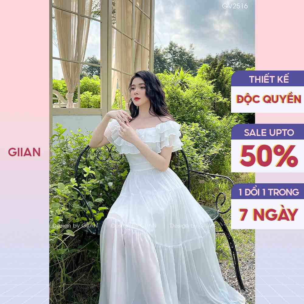 Váy trắng đi biển trễ vai bèo dáng dài vải tơ óng mềm mịn thương hiệu Giian - GV2516