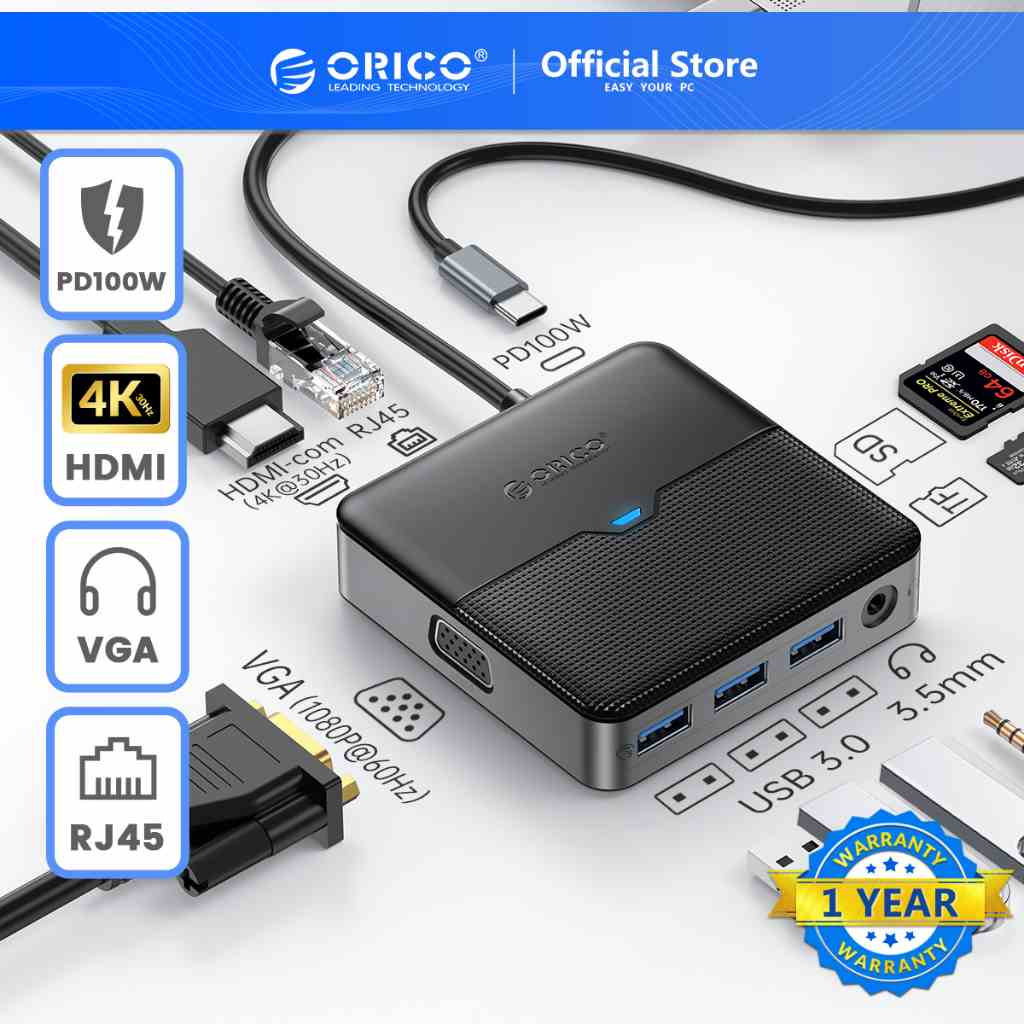 Orico HUB Chia Cổng Type C 4K60Hz HDMI USB 3.0 RJ45 PD Cho Macbook iPad