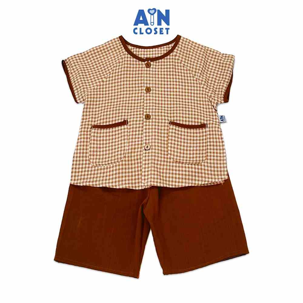 Bộ quần áo Bà Ba lửng unisex cho bé họa tiết Caro Nâu cotton - AICDBGA2SLXF - AIN Closet