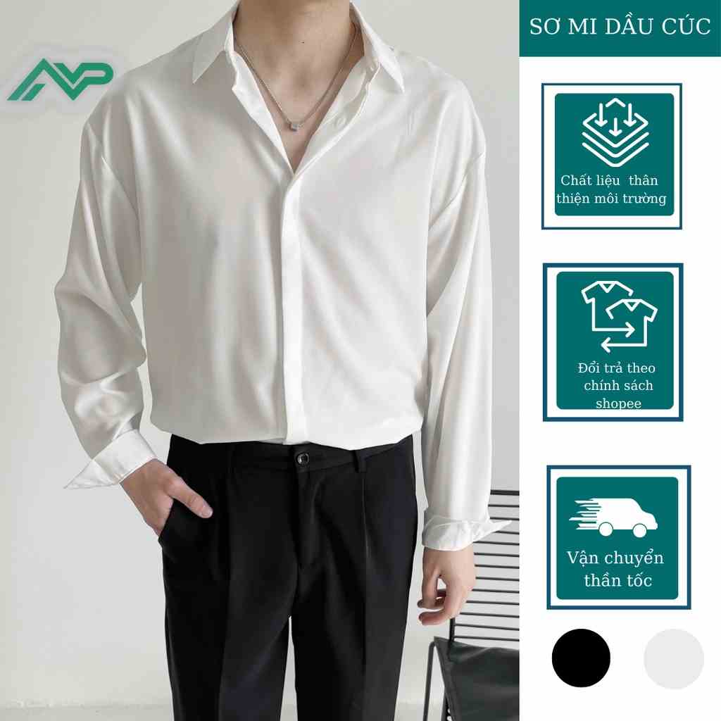 Áo sơ mi Nam dài tay NPV vải lụa dấu khuy form rộng unisex phong cách công sở Hàn Quốc