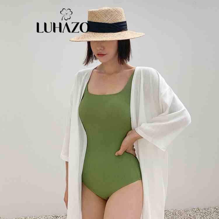 Bikini Basic nữ đồ bơi đi biển 1 mảnh LUHAZO liền thân tay ngắn hở lưng kín đáo che bụng 2598 DK5T201