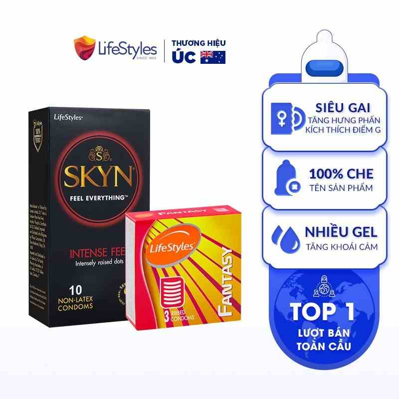 Combo 1 Hộp Bao Cao Su Siêu Gai Non-latex SKYN Intense 10 bao + 1 Hộp Fantasy Gân Ngang 3 bao