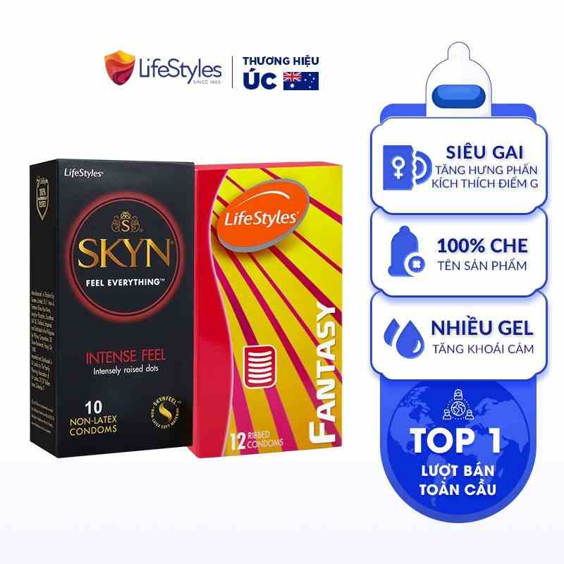 Combo 1 Hộp Bao Cao Su Siêu Gai Non-latex SKYN Intense 10 bao + 1 Hộp Fantasy Gân Ngang 12 bao