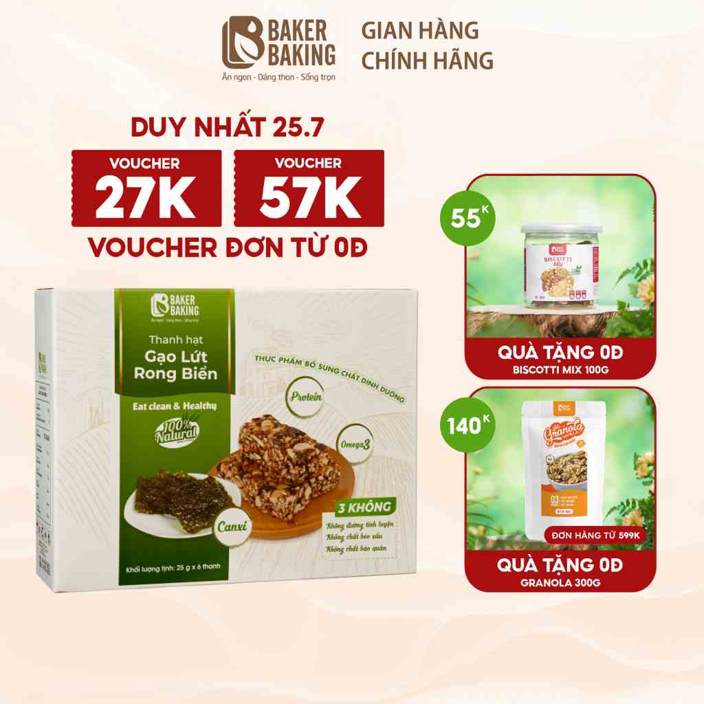 Thanh hạt gạo lứt rong biển Baker Baking không đường, thanh bar energy tiện lợi cho người eatclean, tập gym, tăng cơ 25g