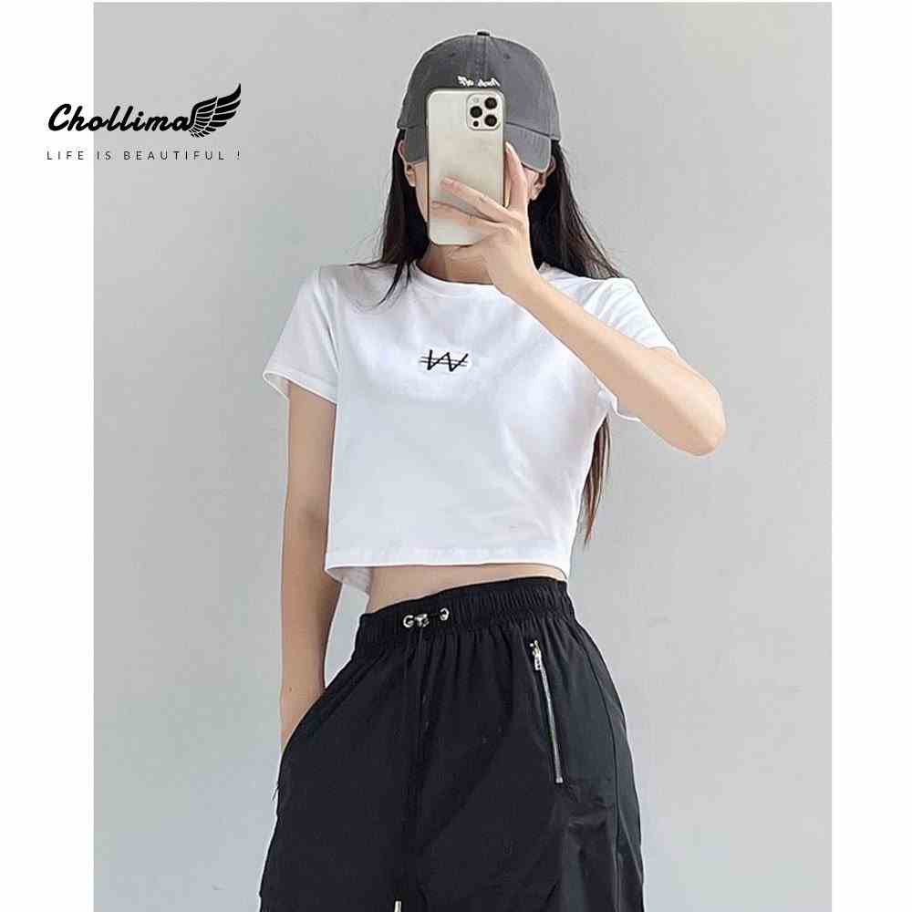 Áo thun croptop tay lỡ Chollima thêu chữ W chất vãi dày dặn co giãn 4 chiều AT454