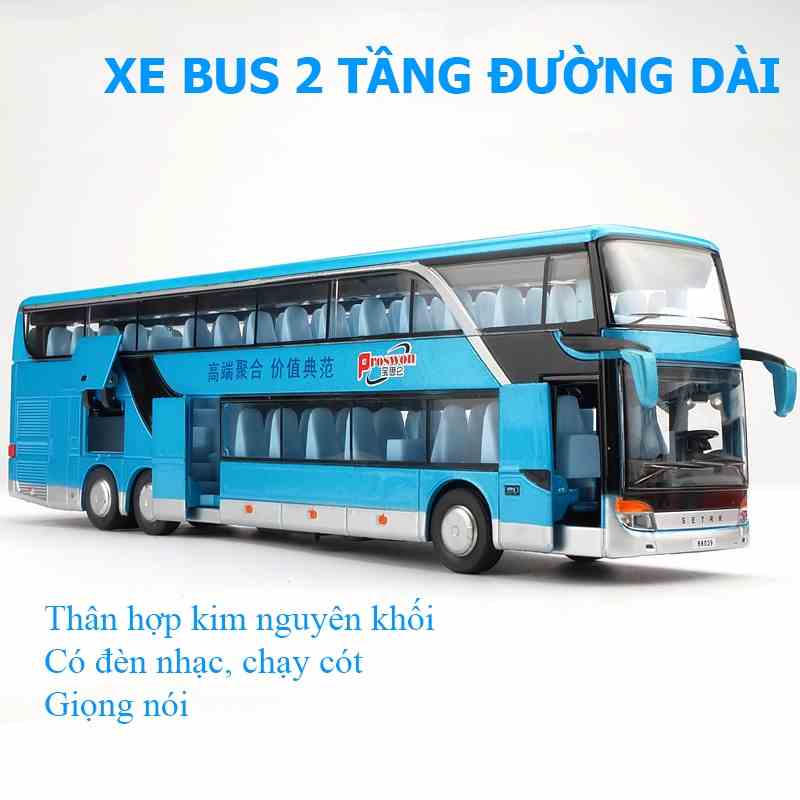 Mô hình xe bus 2 tầng đường dài KAVY chở khách bằng hợp kim có nhạc và đèn mở được tất cả cánh cửa chạy cót