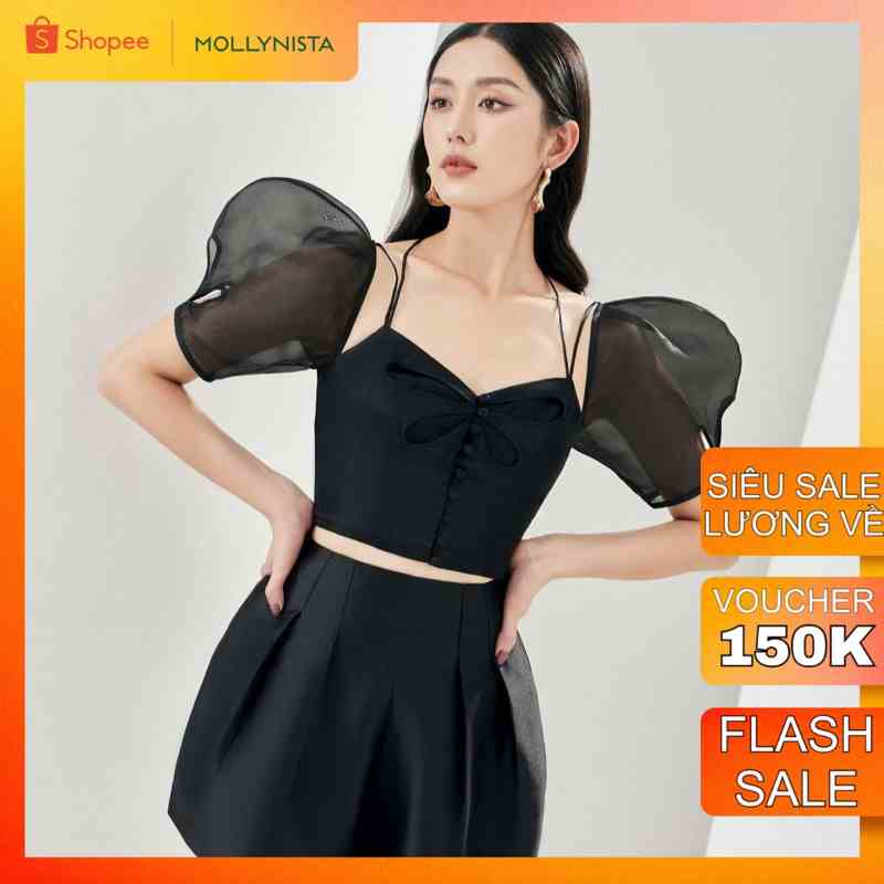 MOLLYNISTA - Áo kiểu Merisa von tơ nhũ croptop khoét cánh hoa quyến rũ nữ tính thiết kế cao cấp đi chơi đi tiệc gợi cảm