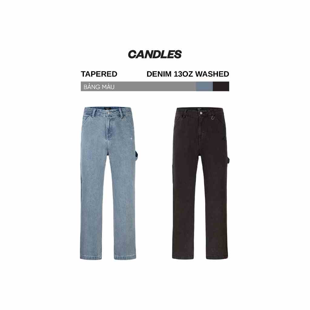 Quần jeans nam nữ tapered CANDLES SINGLE KNEE logo thêu kết hợp hiệu ứng washed chất liệu Denim 13oz washed chính hãng