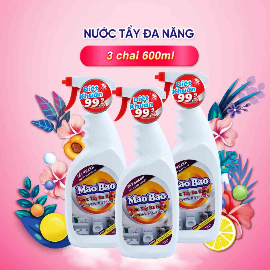 Combo 3 chai Nước tẩy đa năng Mao Bao 600ml tẩy nhà bếp, tẩy vết ố, tẩy dầu mỡ, gỉ sét trên mặt kính, gạch men, thơm mát