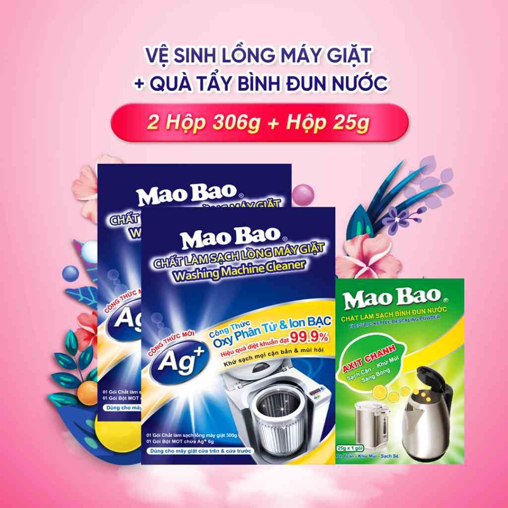 Combo 2 Hộp Chất Vệ Sinh Lồng Máy Giặt Mao Bao 306g + Tặng 01 Hộp Chất Làm Sạch Bình Đun Nước 25g x1 gói