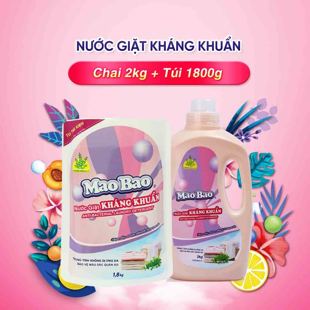 Nước Giặt Quần Áo Kháng Khuẩn Mao Bao Bộ 1 Chai 2000g và 1 Túi 1800g