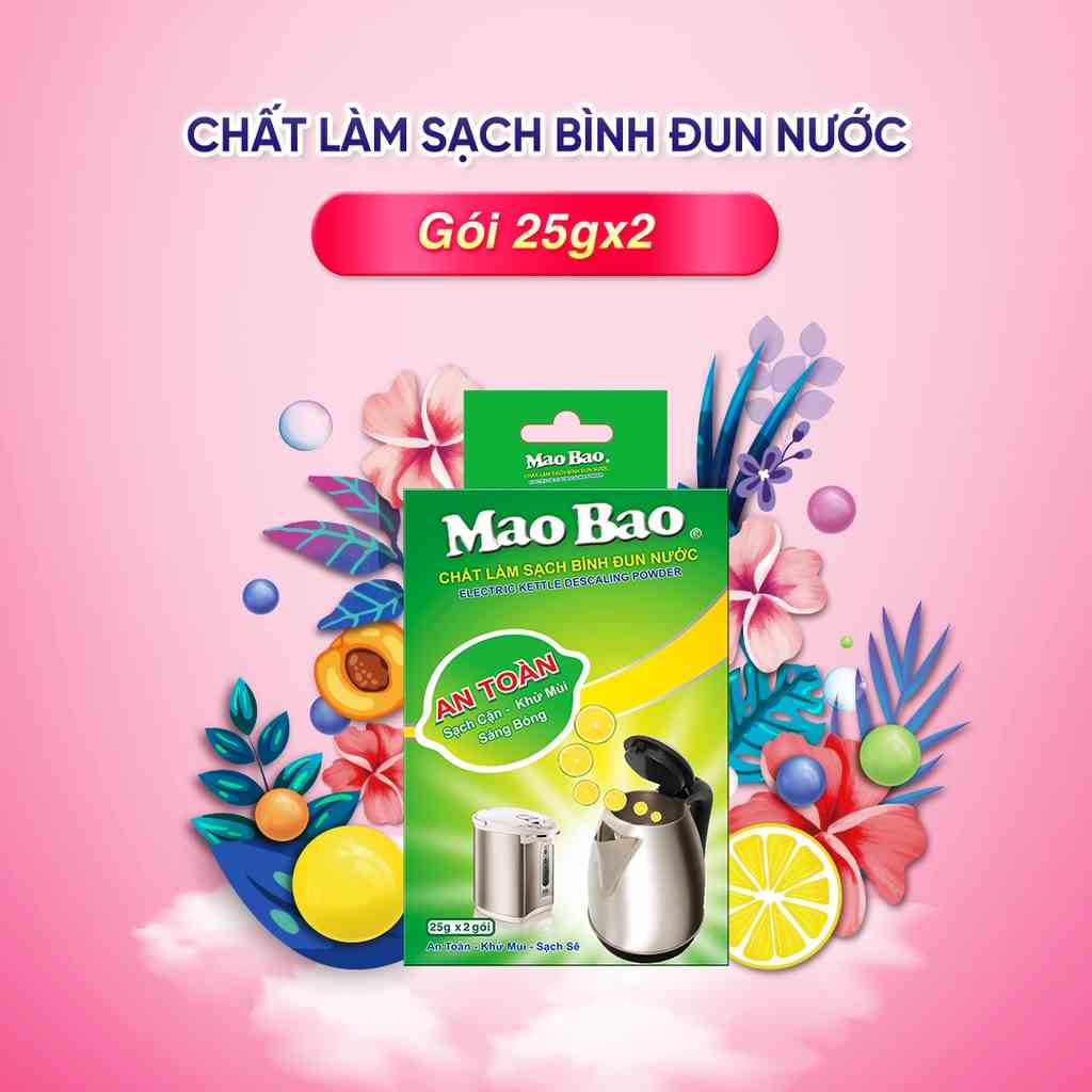 Chất Tẩy Cặn Làm Sạch Bình Đun Nước Mao Bao 25g x 2 gói tẩy cặn canxi, cặn bẩn, khử mùi bình nước, an toàn sức khỏe