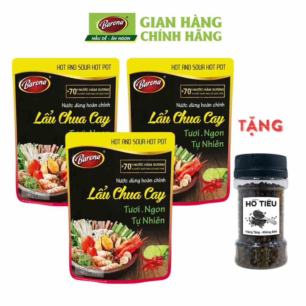 Combo 3 gói Nước dùng Lẩu Chua Cay Barona 180g, tặng tiêu hạt