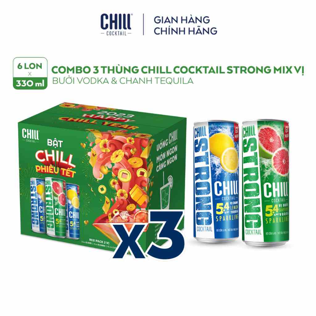 Combo 3 thùng 6 lon Chill Cocktail Strong mix vị Chanh Tequila & Bưởi Vodka (18 lon x 330ml)