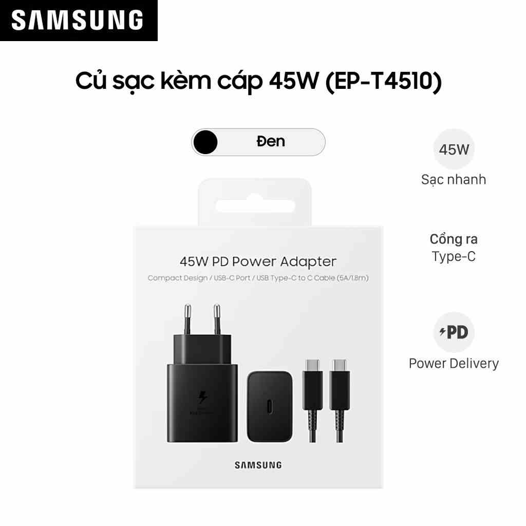 Bộ sạc Samsung 45W (Kèm cáp C-C 5A, 1.8m) (EP-T4510) - Hàng Chính Hãng