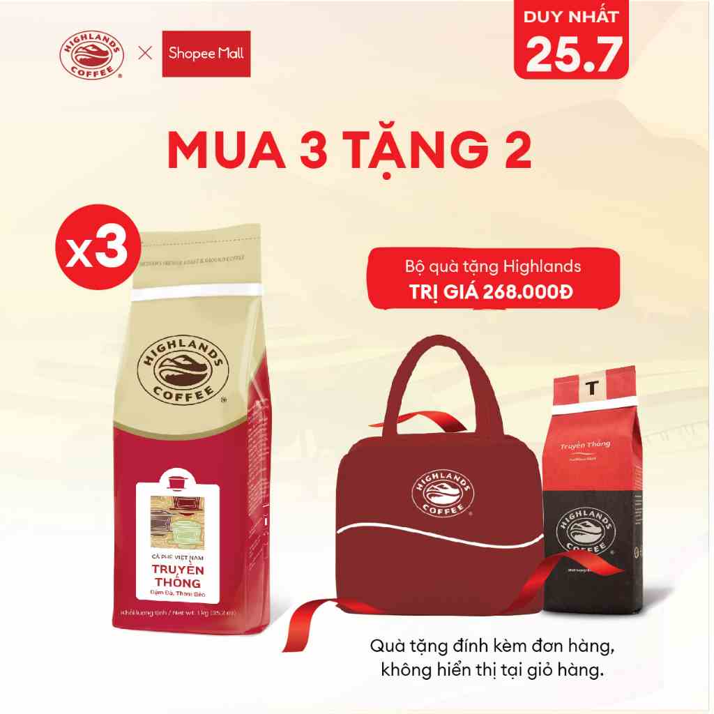 TẶNG BỘ QUÀ 268K - Combo 3 Túi Cà Phê Bột Truyền Thống Highlands Coffee 1kg Tặng túi và cà phê 200gr