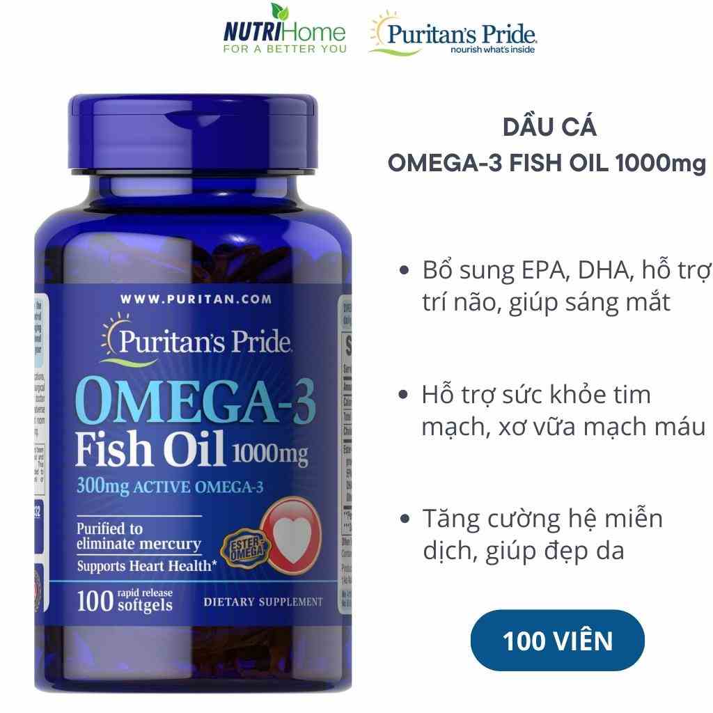 Viên uống Dầu cá Omega-3 Fish Oil 1000 mg Puritan’s Pride hỗ trợ trí não, tim mạch, sáng mắt, làm ẩm da (Nutri Home)