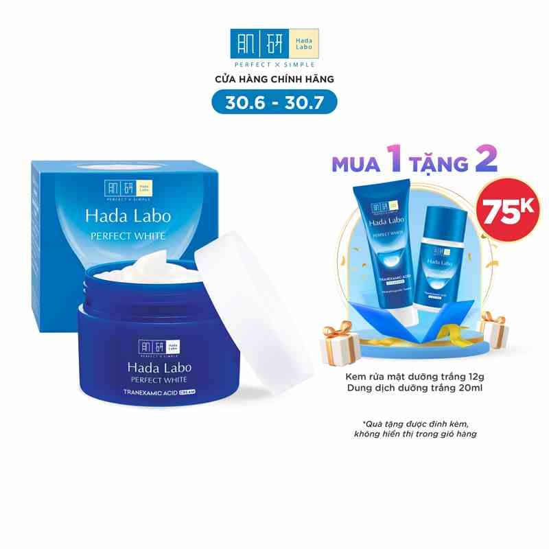 Hộp quà Kem dưỡng trắng da tối ưu Hada Labo Perfect White Tranexamic Acid Cream 50g (TẶNG Cleanser 15g + Lotion 20ml)