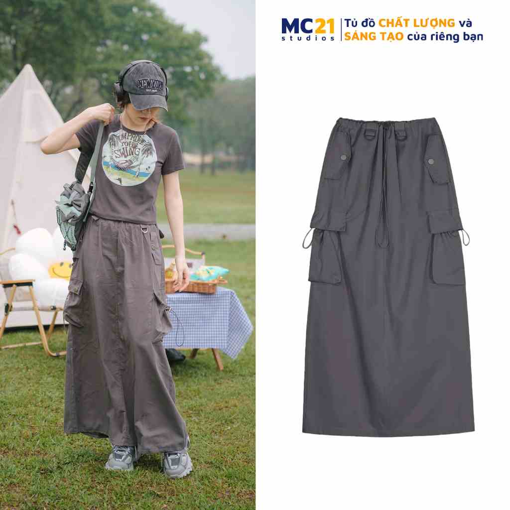 Chân váy kaki túi hộp dáng dài MINION CLOTHING cargo skirt cạp cao co giãn Ulzzang Streetwear Hàn Quốc bigsize V3605