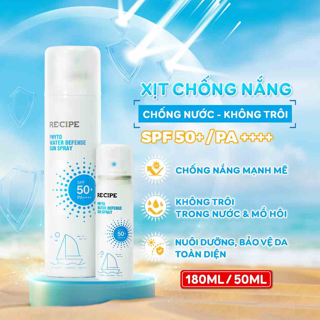 Xịt Chống Nắng RECIPE SPF50+ PA++++ Chống Nắng, Không Trôi Recipe Phyto Water Defense Sun Spray 180ml