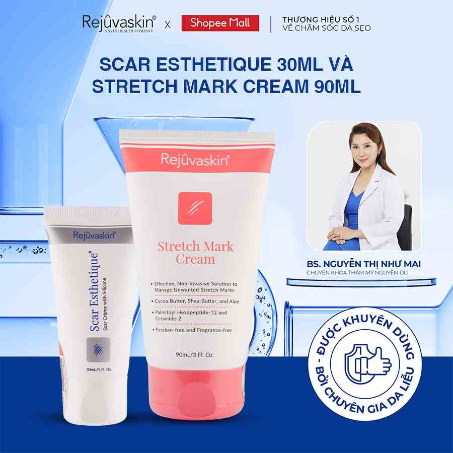 Combo chăm sóc da Rejuvaskin xoá sẹo Scar Esthetique 30ml và làm mờ rạn da Stretch Mark Cream 90ml - DH Beauty