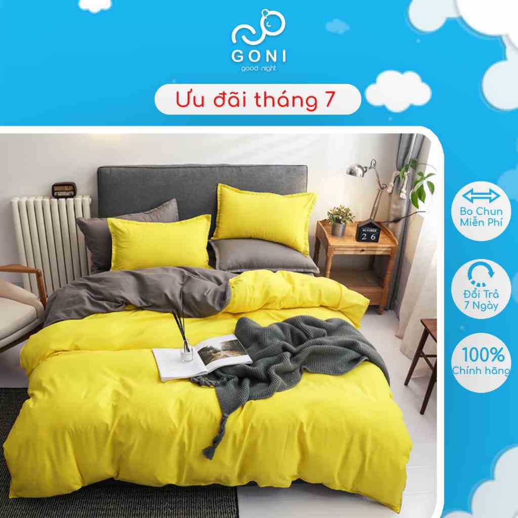 Bộ Chăn Ga Gối Cotton Tici GONI Drap Giường Phối Màu Vàng Xám Đủ Kích Thước Trải Nệm Không Kèm Ruột