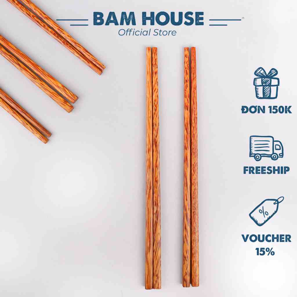 Set 10 đôi Đũa gỗ dừa loại 1 Bam House hoạ tiết vân dừa cao cấp DGD04 – Đũa gỗ dừa Dua go dua