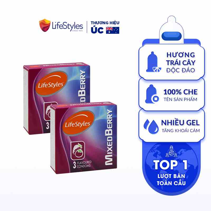 Combo 2 Bao Cao Su Hương Dâu 3 Mùi Độc Đáo LifeStyles Mixed Berry Trải Nghiệm Mới Lạ Ngọt Ngào Nhiều Gel - Hộp 3 bao