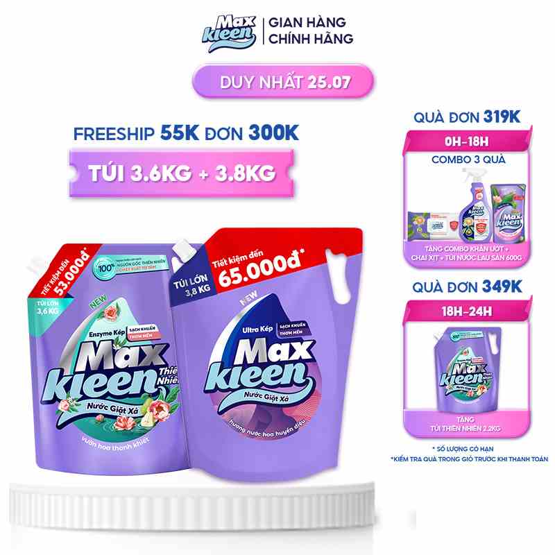 Combo 2 Túi nước giặt xả MaxKleen Thiên nhiên 3.6kg + Huyền diệu 3.8kg