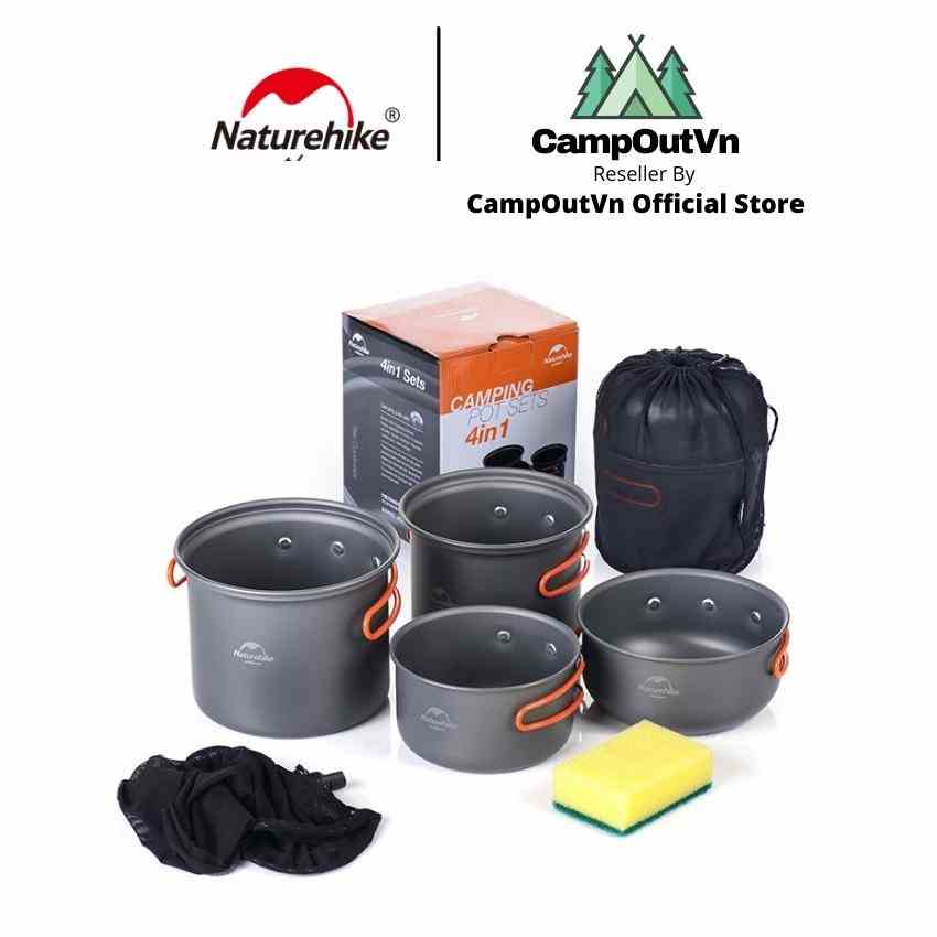 Bộ nồi dã ngoại cắm trại Naturehike mini 4 món hợp kim nhôm A431