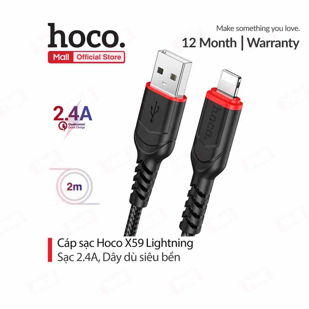 Cáp sạc 2.4A Hoco X59 Lightning 2m đầu sạc chống gẫy gập hỗ trợ truyền dữ liệu cho iPhone/iPad dài 2M