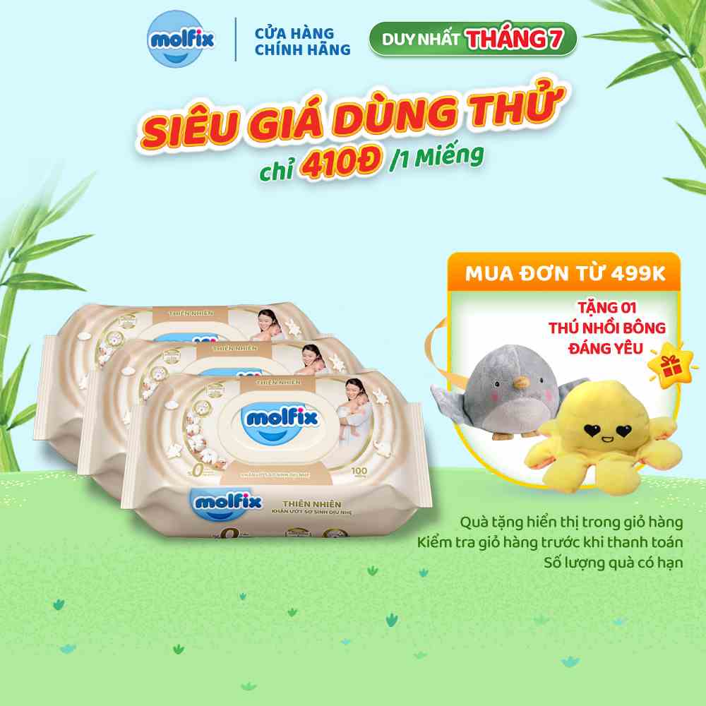 Combo 3 Khăn ướt Molfix Thiên nhiên Sơ Sinh Dịu Nhẹ - Gói 100 miếng