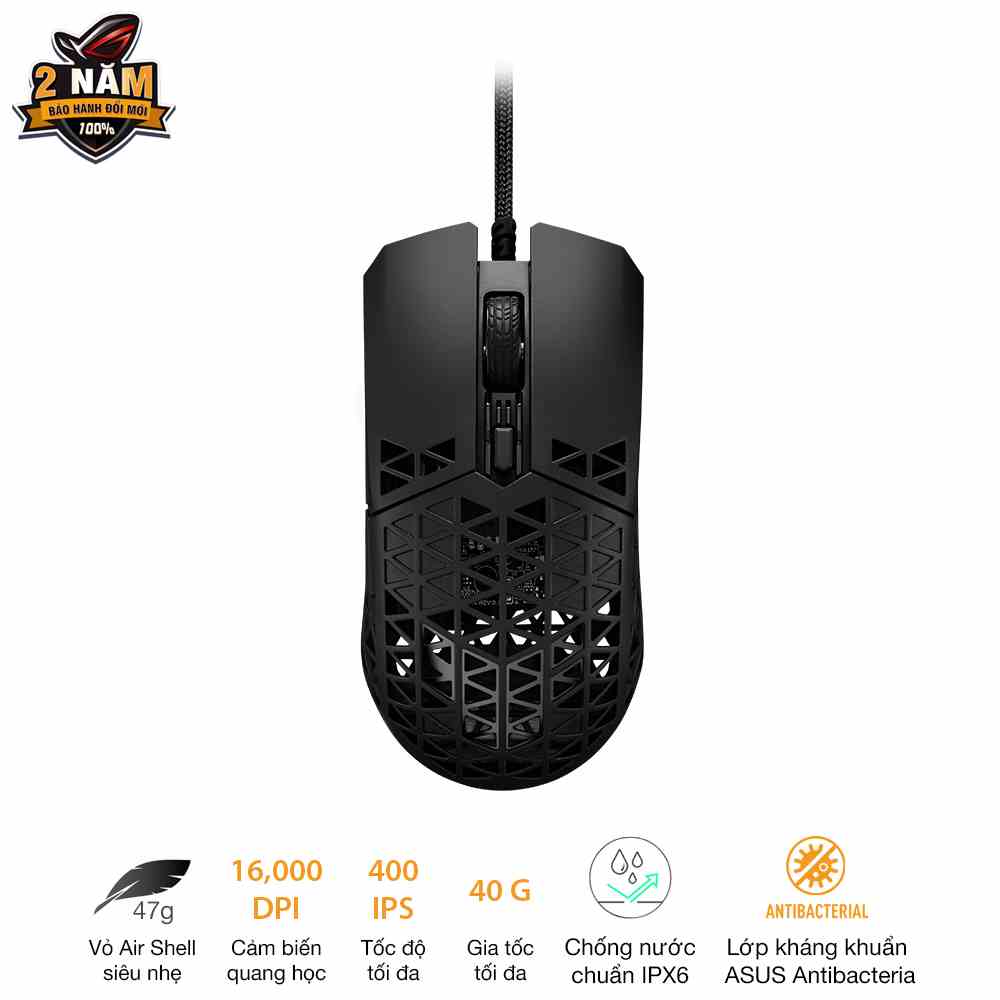 Chuột gaming TUF GAMING M4 AIR, siêu nhẹ, cảm biến 16.000 dpi, Air Shell siêu nhẹ, độ bền IPX6, feet chuột thuần PTFE