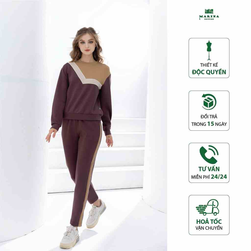 Đồ Bộ Thu Đông Nữ MARINA NGUYỄN Phối Viền Trẻ Trung, Cá Tính, Vải Cotton Mềm Mịn, Thấm Hút Mồ Hôi Tốt - 822025