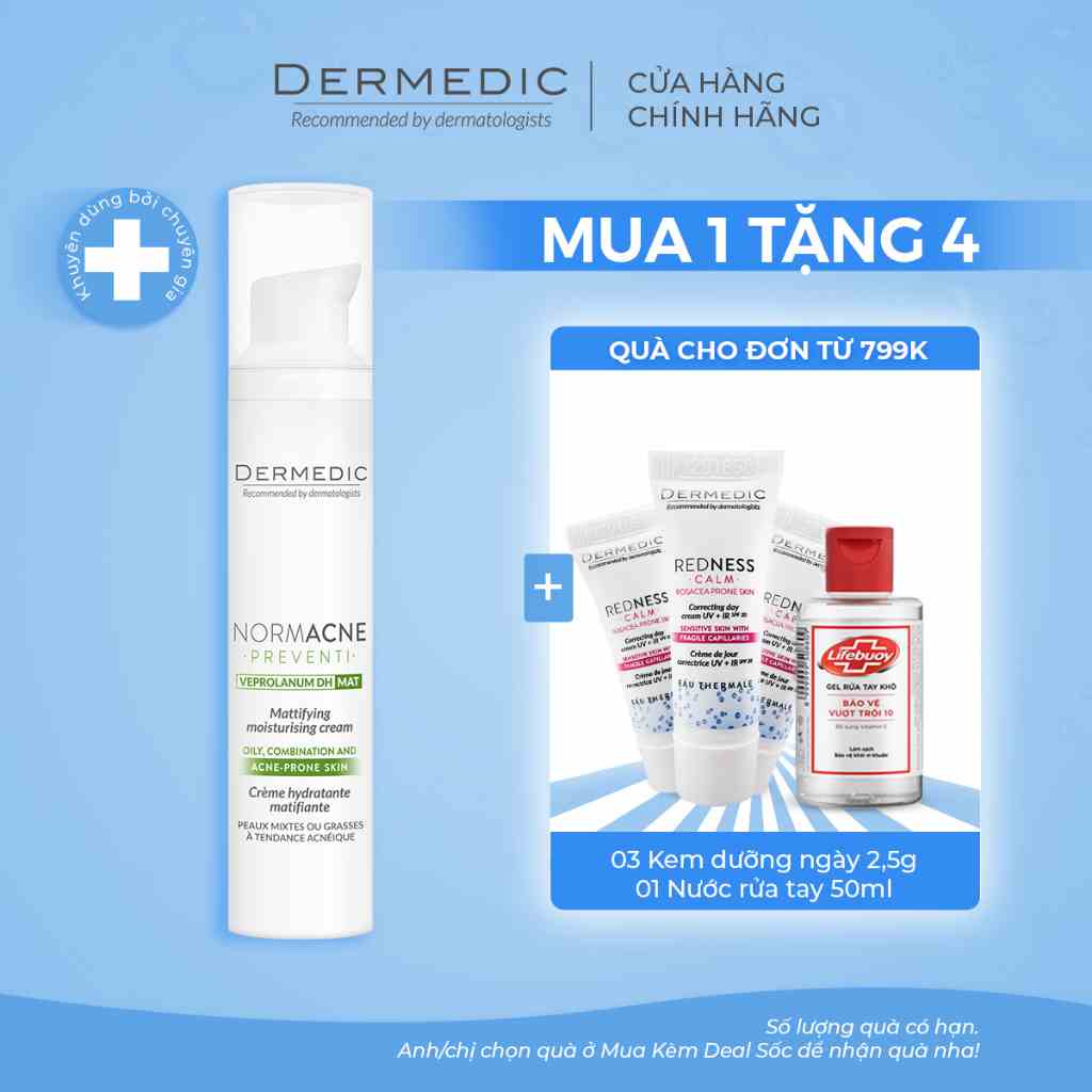 Kem dưỡng ban ngày giảm bóng nhờn, giảm mụn Dermedic Normacne Mattifying Moisturising Cream 40ml