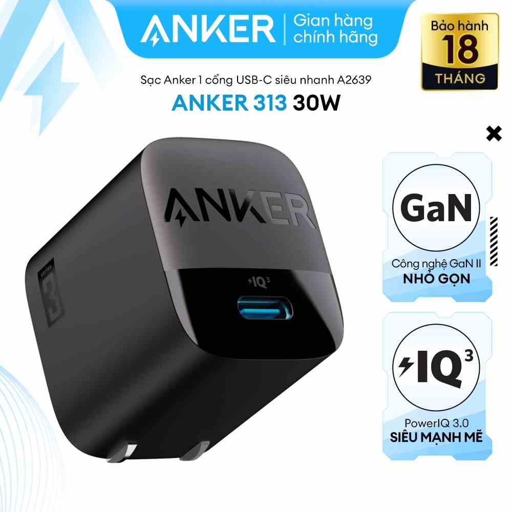 Sạc ANKER  313 GEN 2 30W 1 cổng USB-C PiQ 3.0 tích hợp PD/PPS - A2639 - Hỗ trợ sạc nhanh tối đa 27W cho iPhone 14